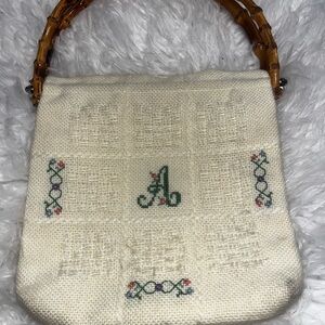 VINTAGE Cream Cross-Stitch Bamboo Handle Women's Handbag